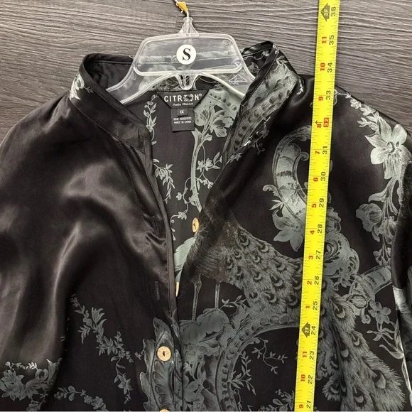 CITRON Santa Monica 1x Silk Black Button-Front Top Sage Peacock Print - Picture 10 of 11